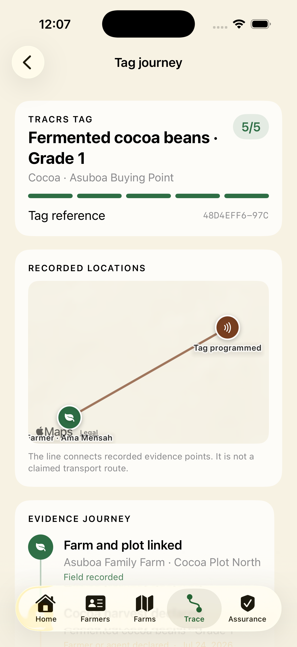 TRACRS tag journey with map evidence and event timeline